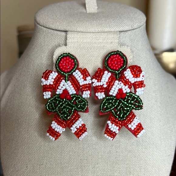 Festive Beaded Candy Cane Christmas Earrings - Red, White, Green - Picture 2 of 4